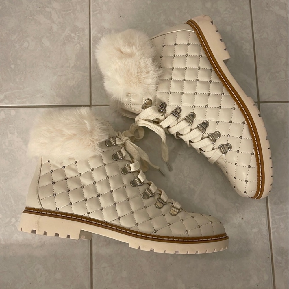 White Fur Combat Boots